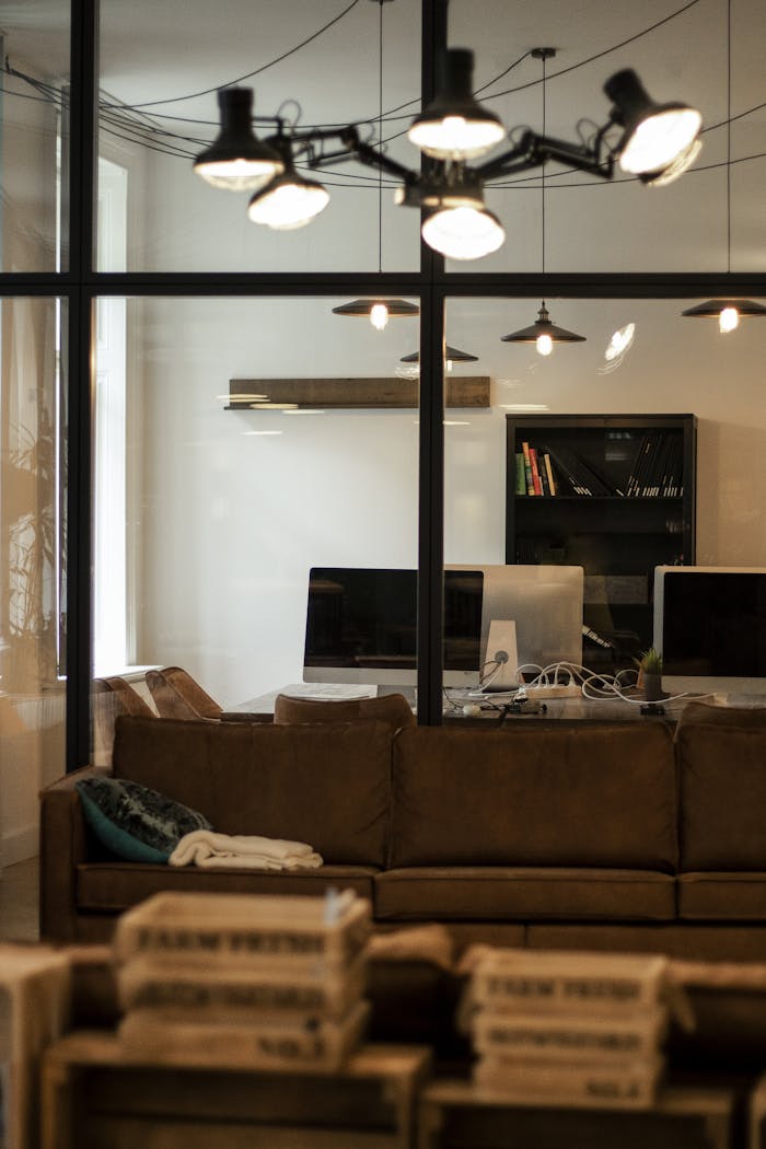 Chic and cozy modern office space with elegant interiors and comfortable seating.